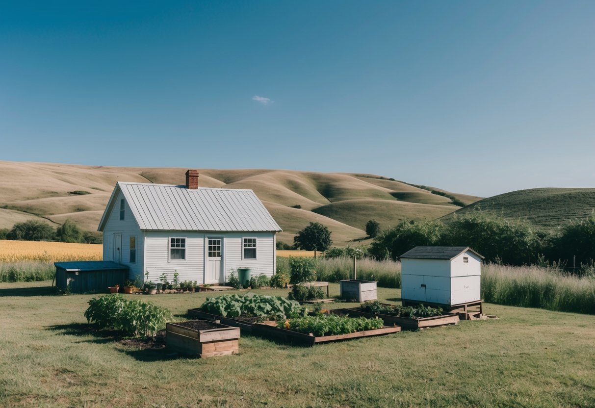 A small, rustic homestead with a modest farmhouse, vegetable garden, chicken coop, and beehives set against a backdrop of rolling hills and a clear blue sky