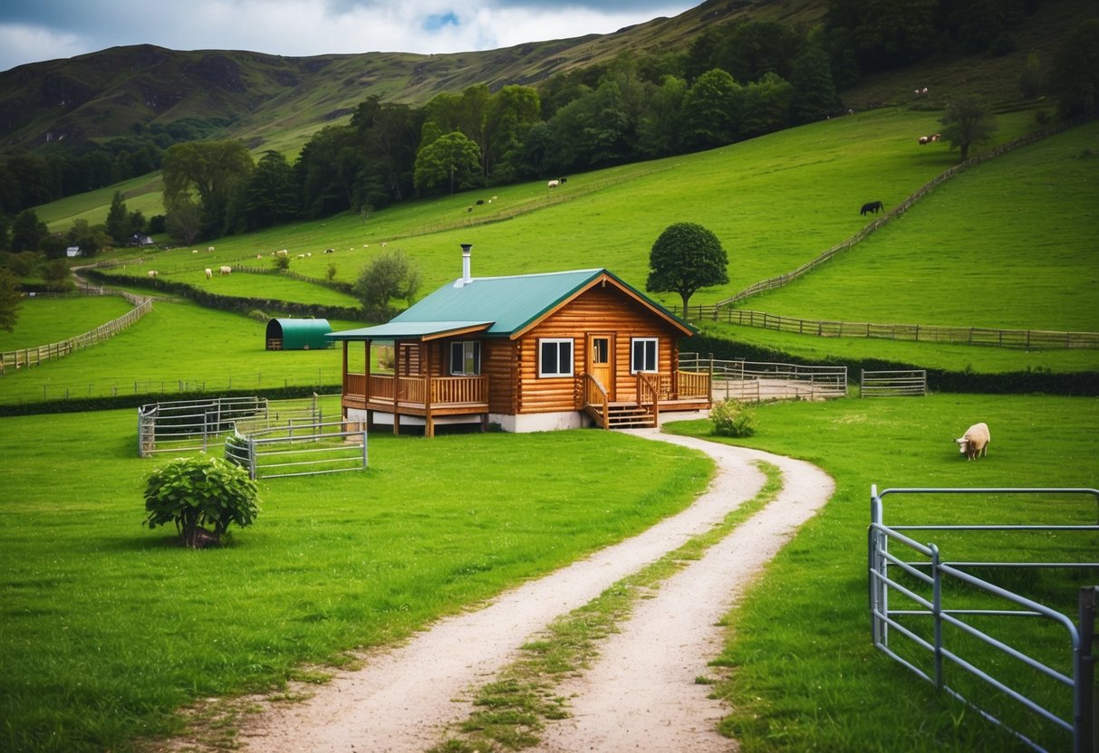 A cozy cabin nestled in a lush, green valley, surrounded by a small garden and a few livestock pens. A winding dirt path leads to the front door