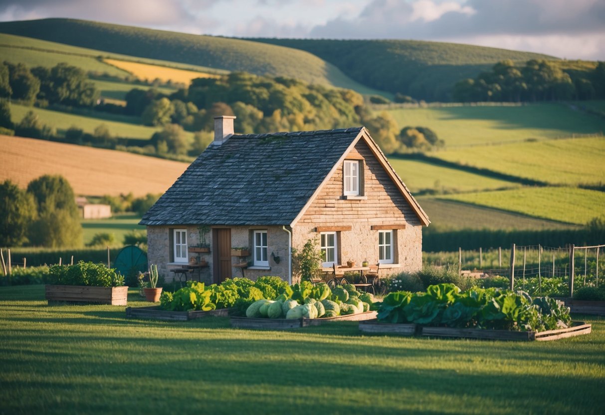 A cozy, rustic homestead nestled in a picturesque countryside with a small farmhouse, vegetable garden, and rolling hills in the background