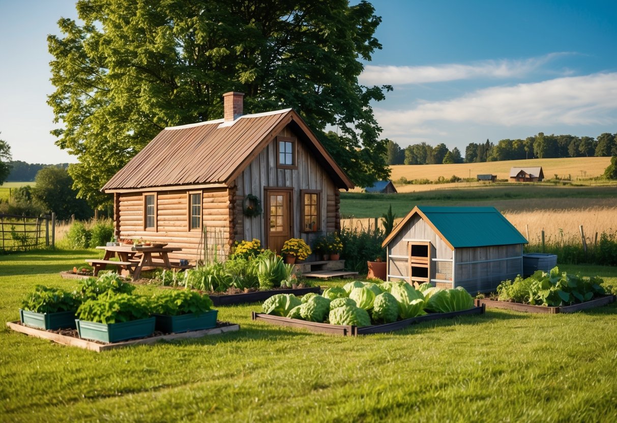 A small, rustic homestead with a cozy cabin, vegetable garden, and chicken coop nestled in a picturesque countryside setting