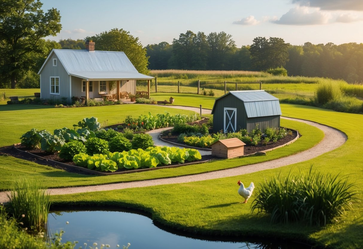 A cozy homestead with a small farmhouse, vegetable garden, chicken coop, and a winding path leading to a peaceful pond