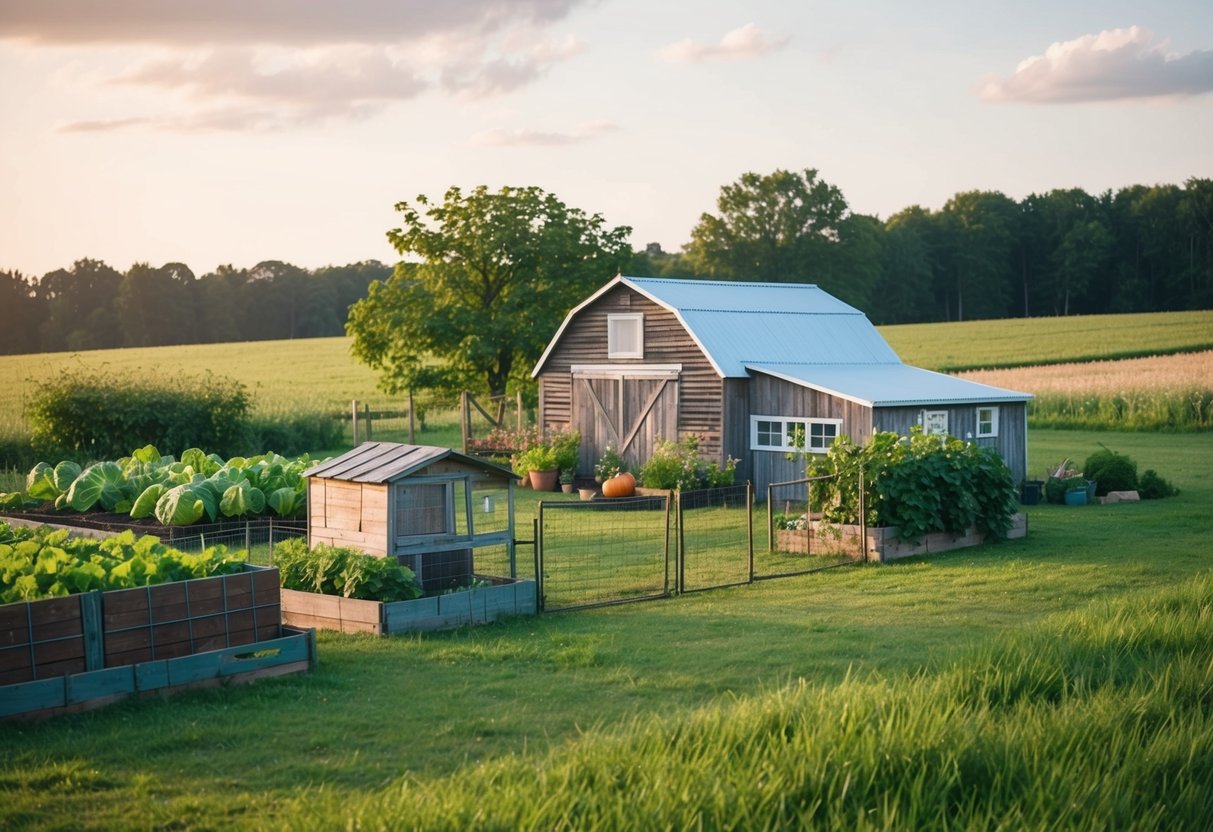 A cozy, rustic homestead with a vegetable garden, chicken coop, and small livestock pen nestled in a green countryside