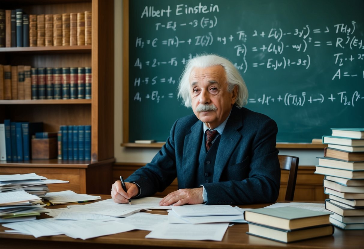 Albert Einstein's desk with scattered papers, a chalkboard covered in equations, and a bookshelf filled with scientific texts