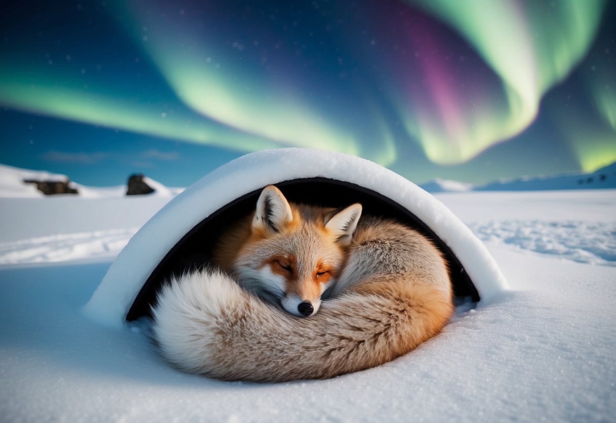 An arctic fox curled up in a snow-covered den, nestled against its fluffy tail, with the northern lights dancing in the sky above