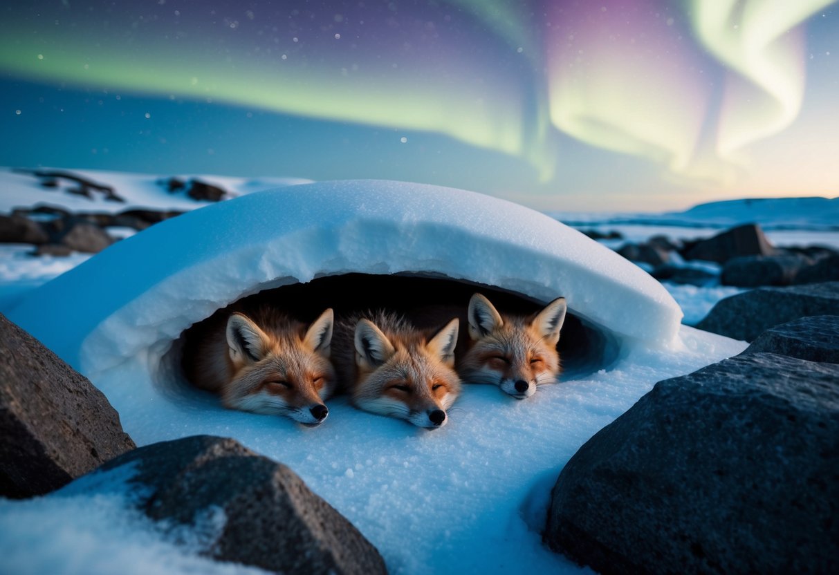 Arctic foxes sleep in a cozy den made of snow and ice, nestled among the rocky terrain of the tundra. They are surrounded by the quiet beauty of the frozen landscape, with the northern lights dancing overhead