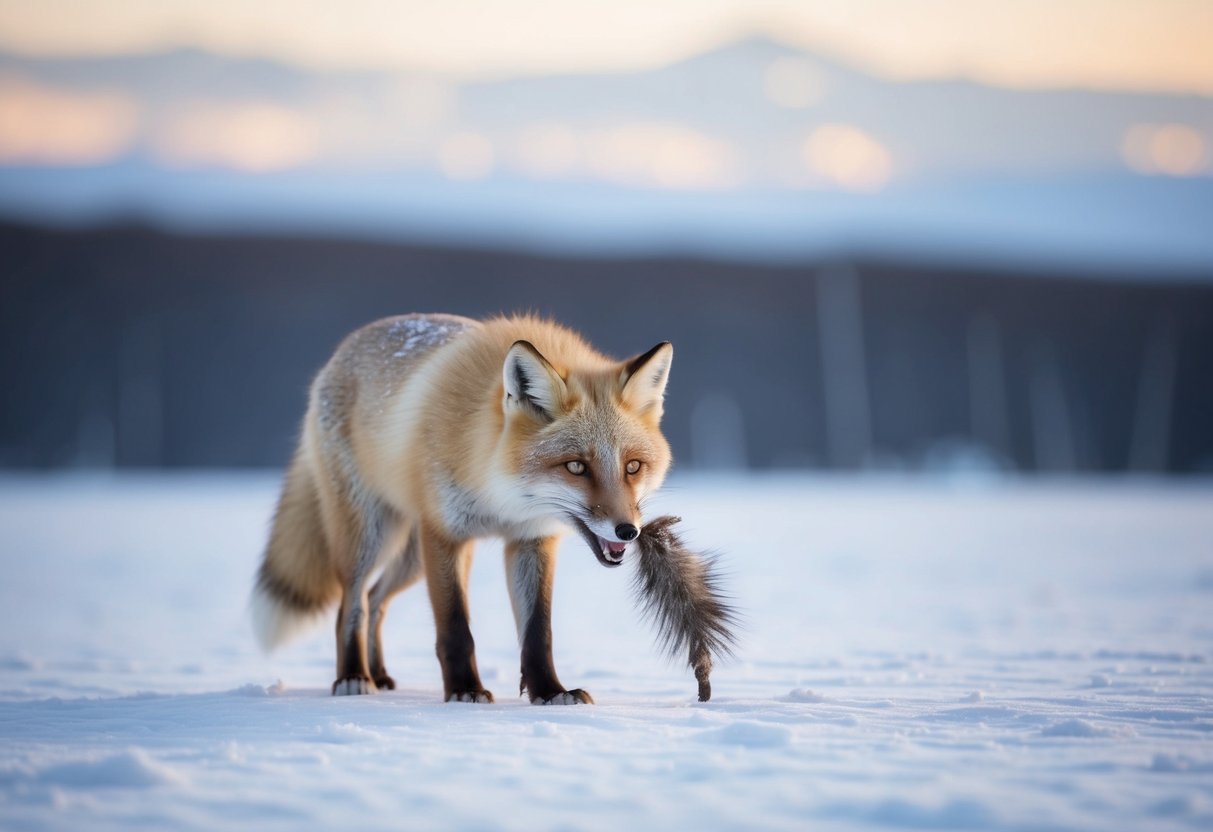 An arctic fox with sharp teeth hunts for prey in a snowy landscape
