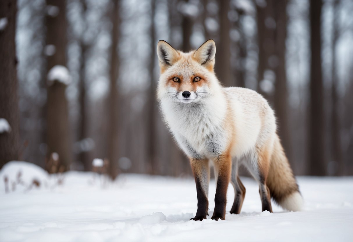 A white fox stands out in a snowy forest, its fur blending with the winter landscape