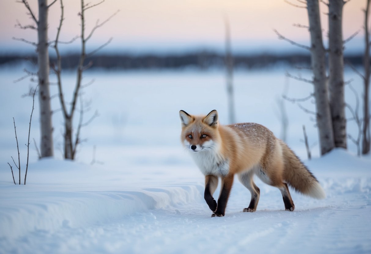 An arctic fox roams through a snowy tundra, surrounded by icy landscapes and barren trees