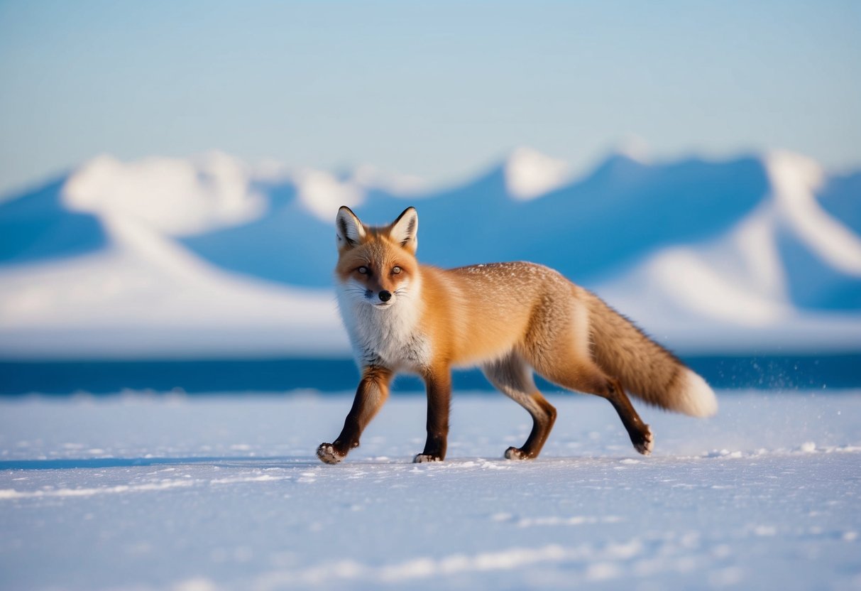 An arctic fox trots across a snowy tundra, with a backdrop of icy mountains and a clear, cold sky
