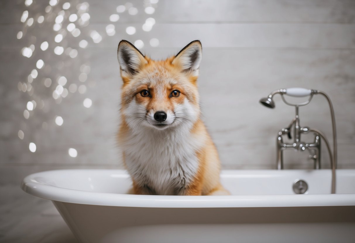 An arctic fox sitting in a bathtub with a timer set for 30 minutes