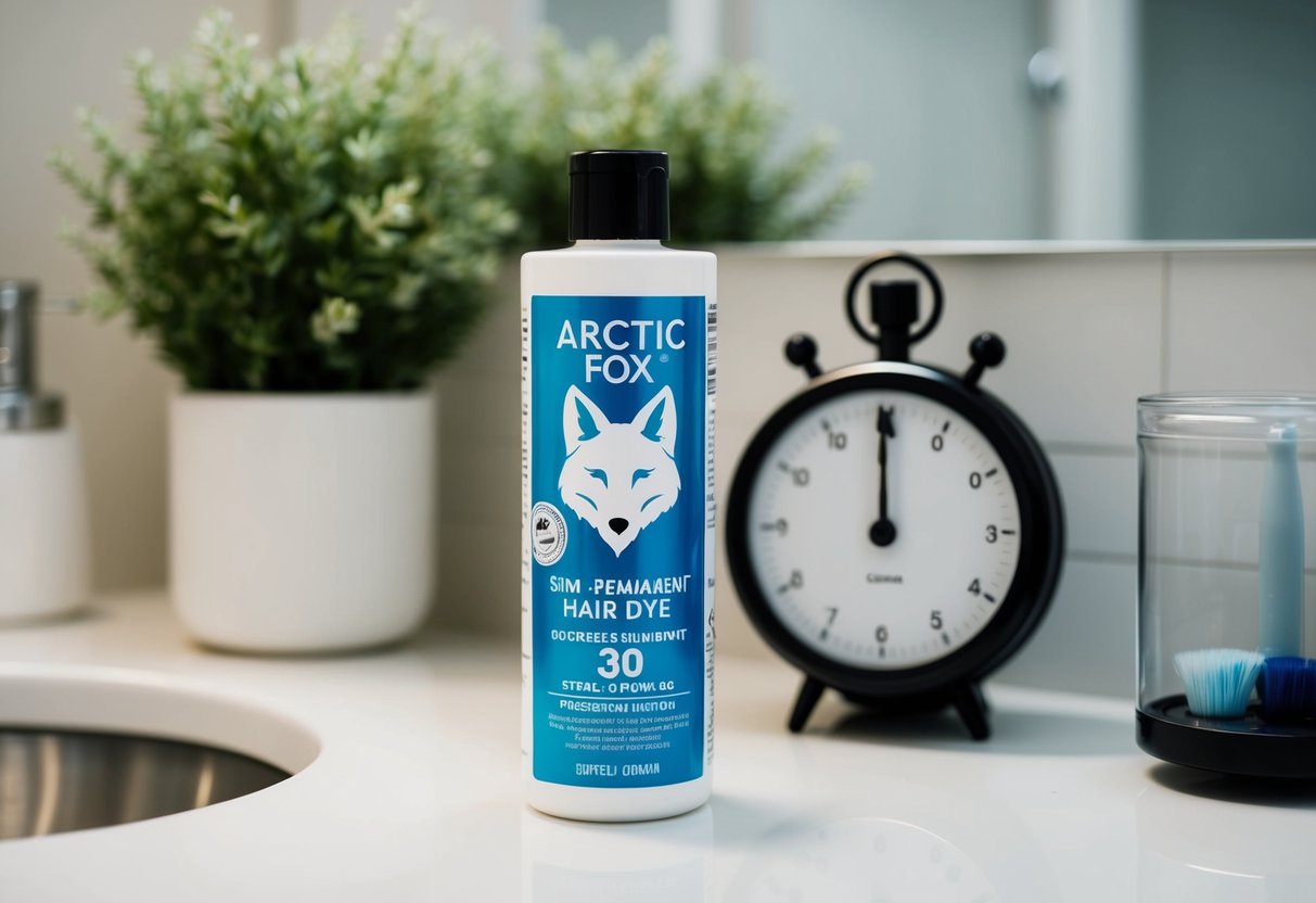 A bottle of Arctic Fox semi-permanent hair dye sits open on a bathroom counter, a timer set for 30 minutes