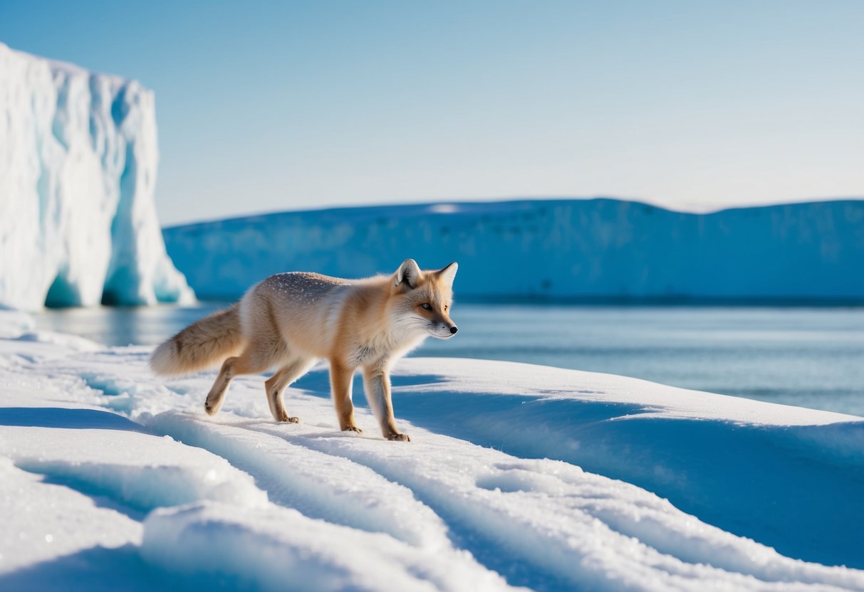 An arctic fox explores a snowy landscape, surrounded by icy cliffs and a clear blue sky
