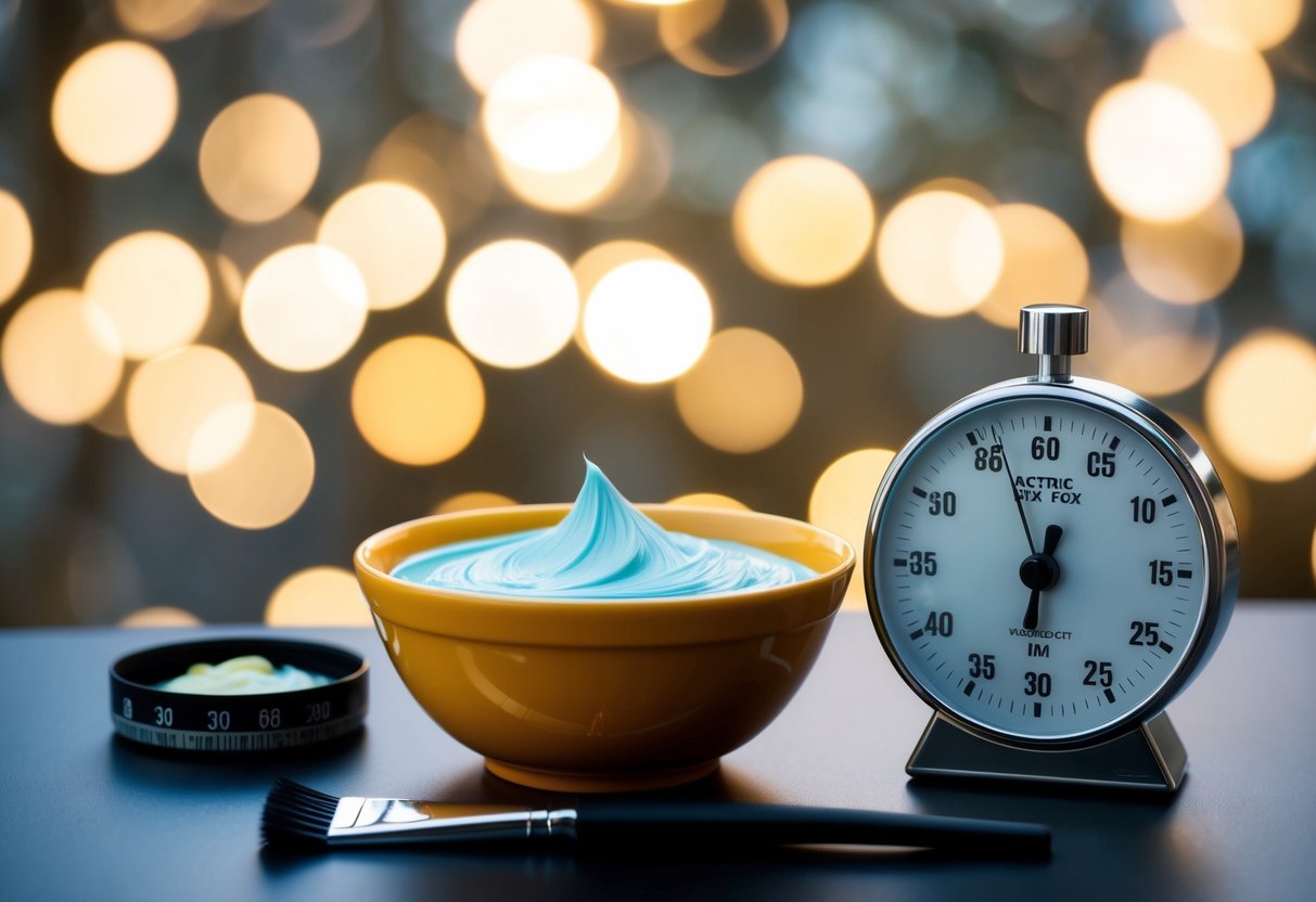 A bowl of Arctic Fox hair dye sits next to a timer set for 30 minutes. A brush is ready to apply the dye to hair