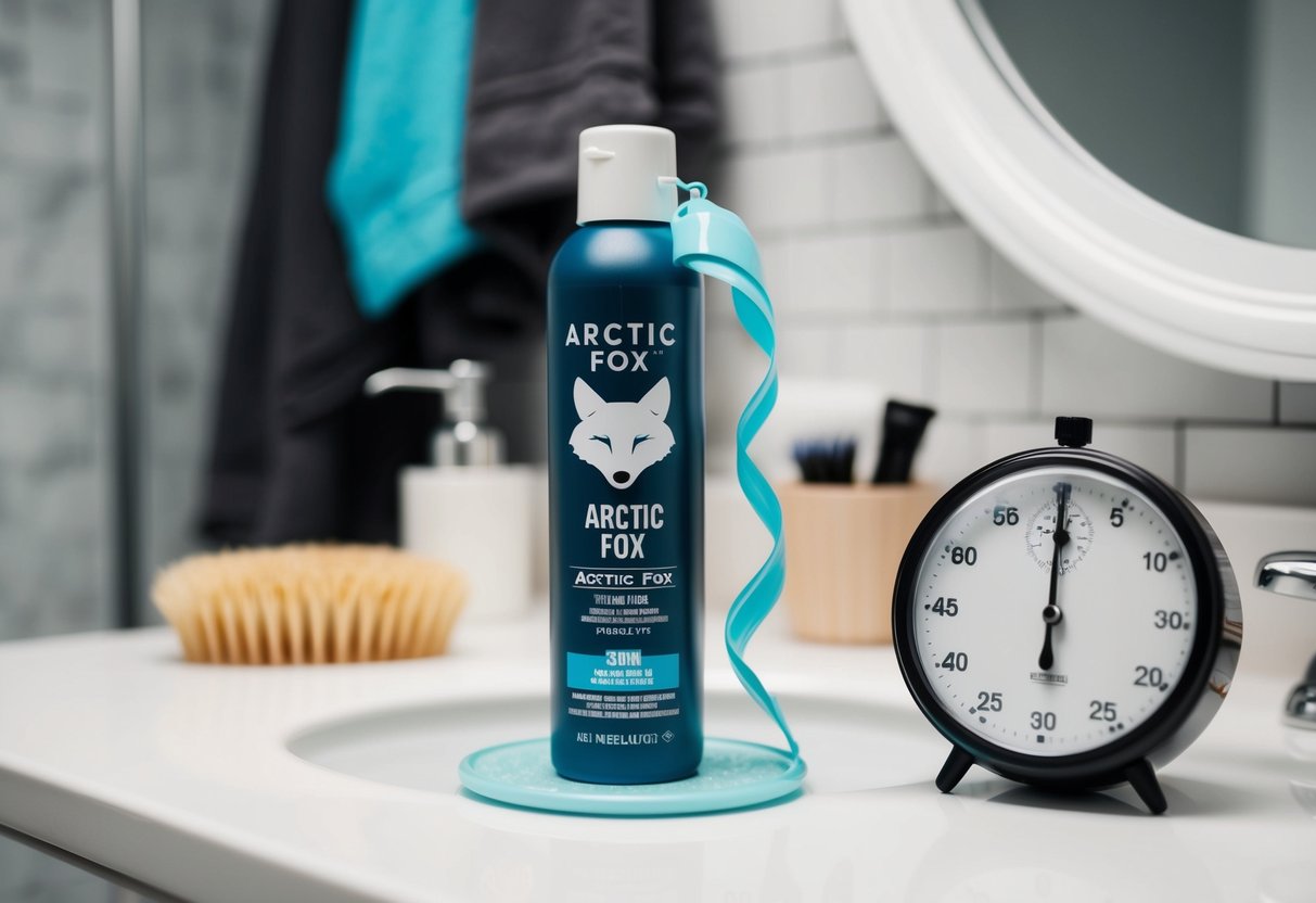 A bottle of Arctic Fox hair dye sits open on a bathroom counter, a timer set for 30 minutes