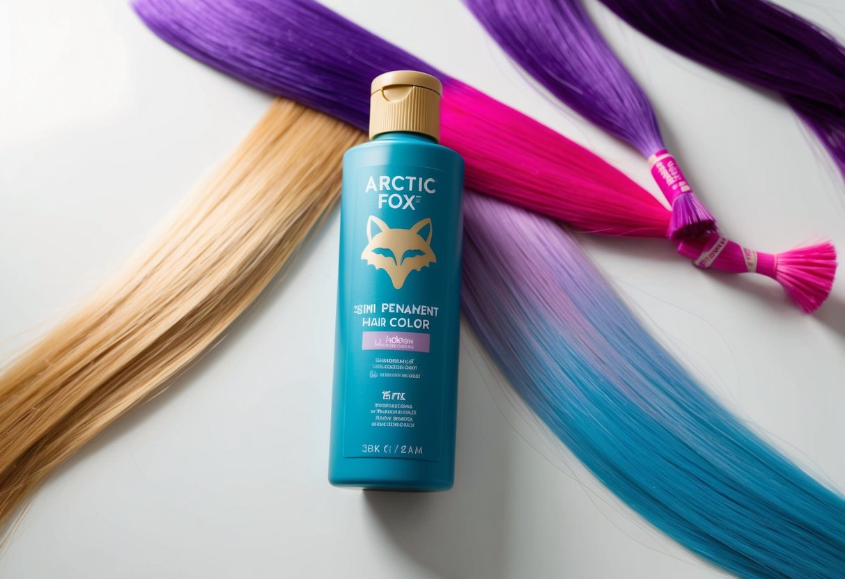A bottle of Arctic Fox semi-permanent hair color sits on a clean white surface, surrounded by colorful swatches of dyed hair