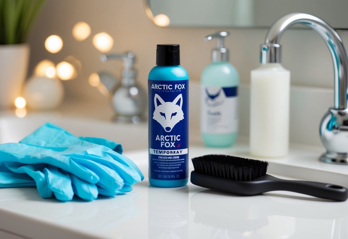 A bottle of Arctic Fox temporary hair dye sits next to a brush and gloves on a bathroom counter, ready for application