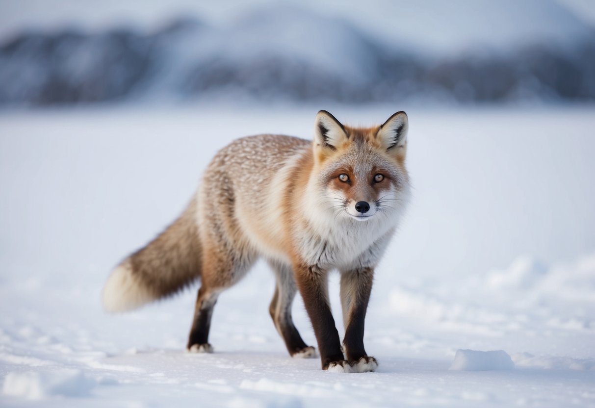 An arctic fox roams a snowy landscape, its thick fur blending into the icy surroundings