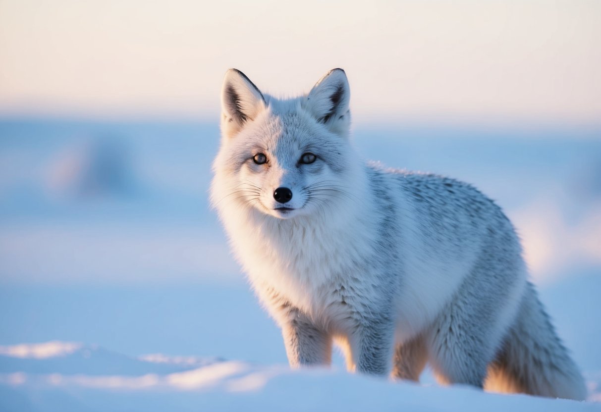 A snowy arctic fox blending into the white landscape, with hints of silver and blue in its fur