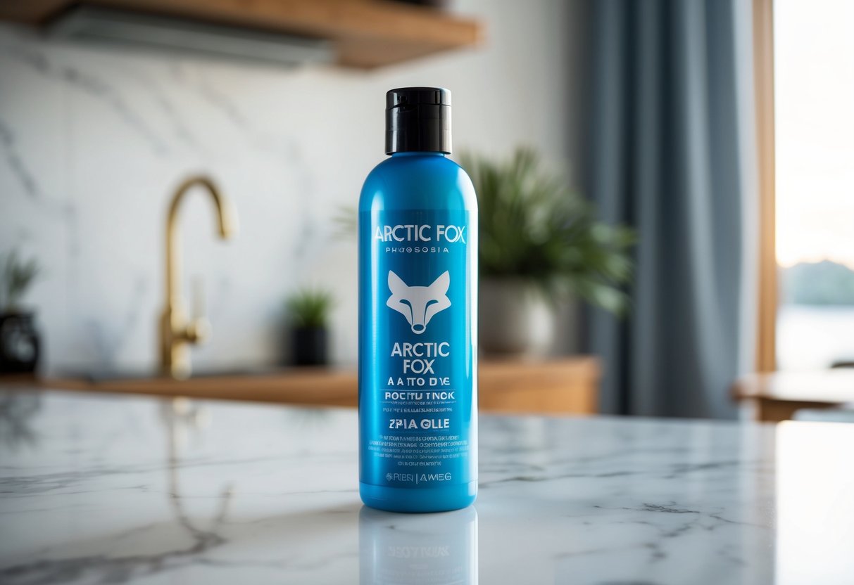 A bottle of Arctic Fox hair dye sits on a white marble countertop, the vibrant blue color reflecting in the sunlight