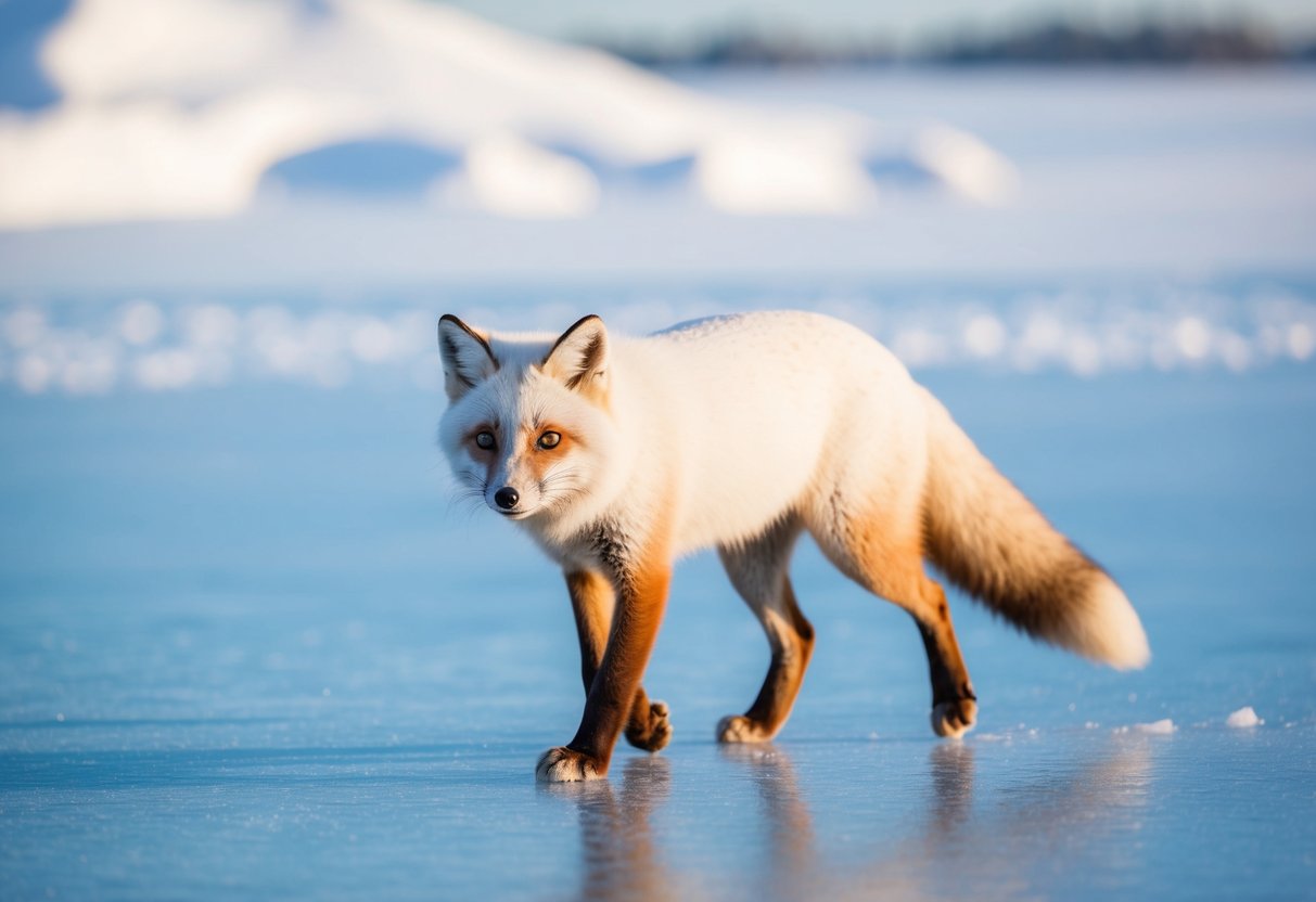 An arctic fox gracefully walks on a frozen ice surface, its white fur blending in with the snowy landscape