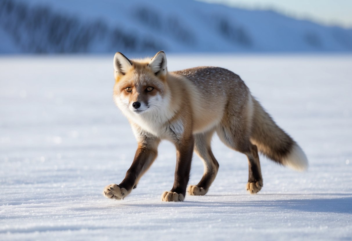 An arctic fox confidently strides across a frozen expanse, its thick fur and padded paws adapted for navigating the icy terrain