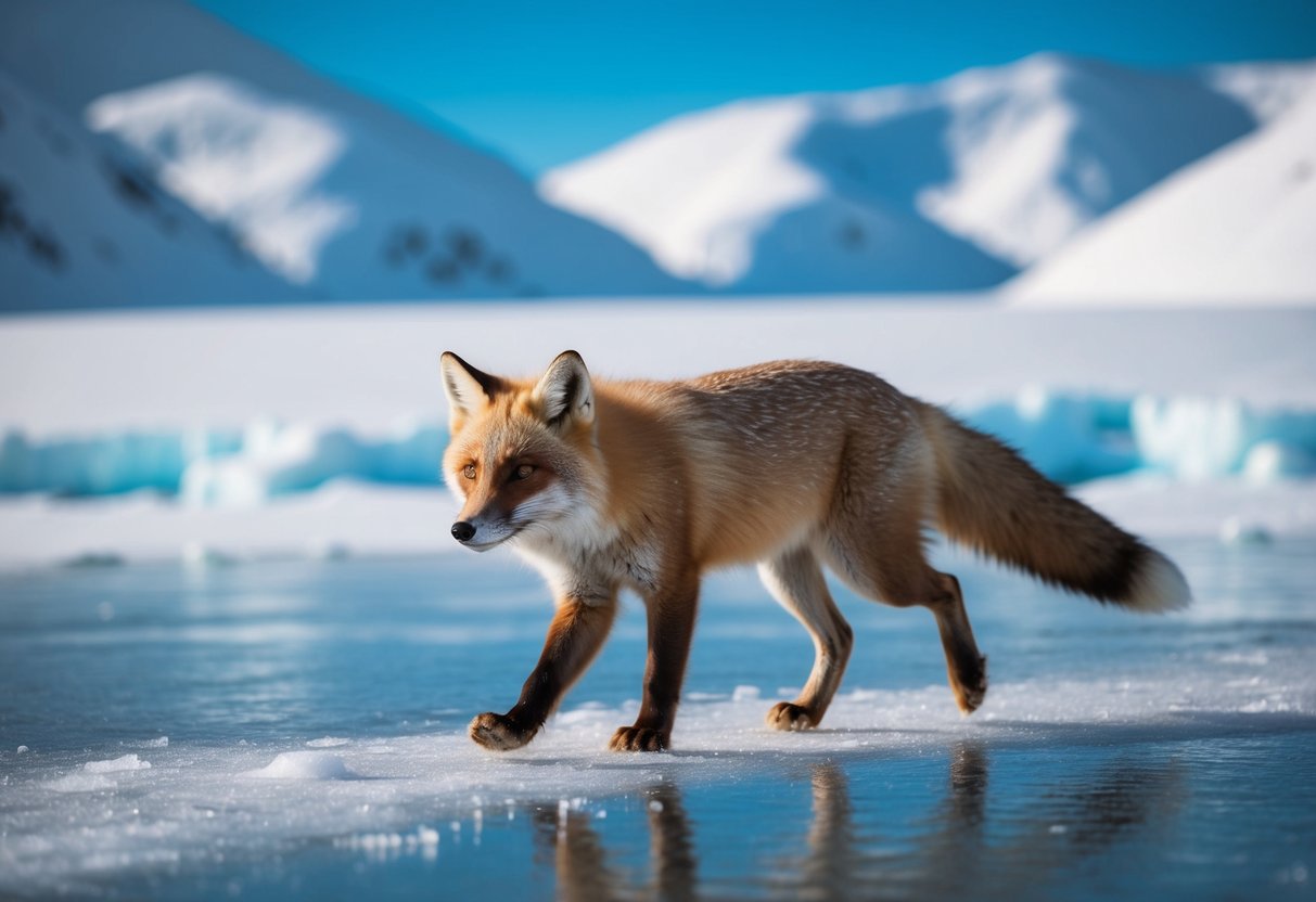 An arctic fox walks confidently across a frozen ice surface, its thick fur providing insulation against the extreme cold. Snow-covered mountains loom in the background