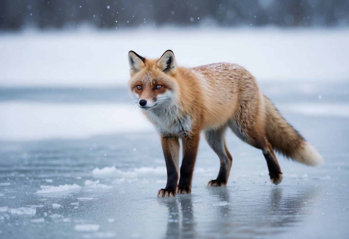 An arctic fox confidently walks across a frozen expanse of ice, its thick fur protecting it from the harsh cold. Snowflakes gently fall around it, creating a serene winter scene
