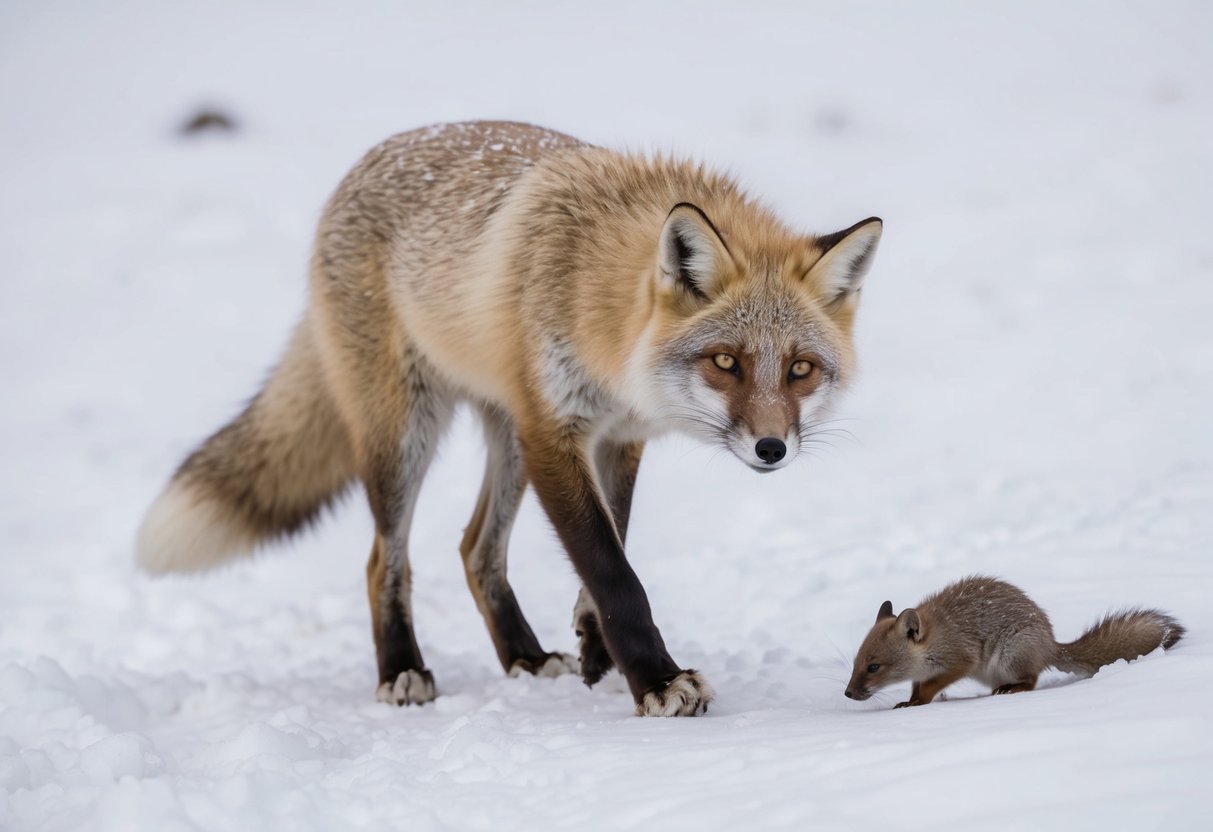 An arctic fox hunts for food in the snow, pouncing on a small rodent. It then returns to its den to rest and groom its fur