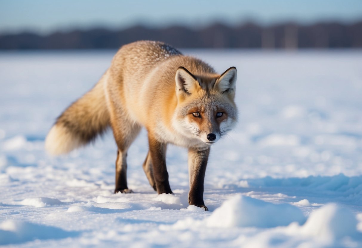 An arctic fox hunts for food in the snowy tundra, blending into the white landscape with its thick fur and sharp senses