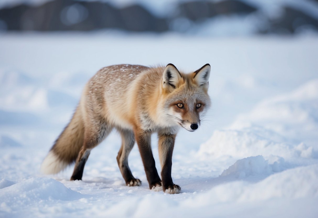 An arctic fox prowls through snowy terrain, sniffing for prey and scavenging for food among the icy landscape