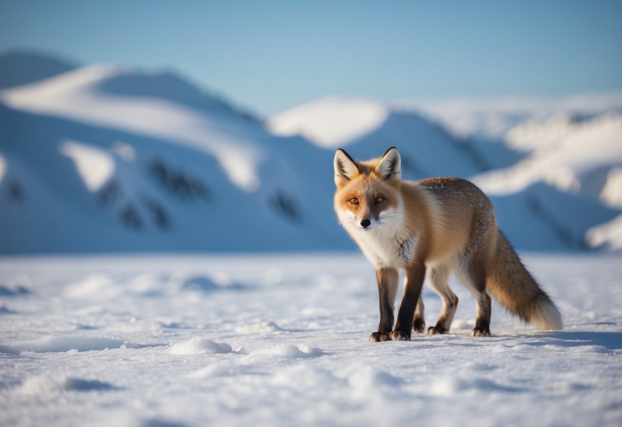 An arctic fox hunts for food in a snowy landscape, surrounded by icy mountains and frozen tundra