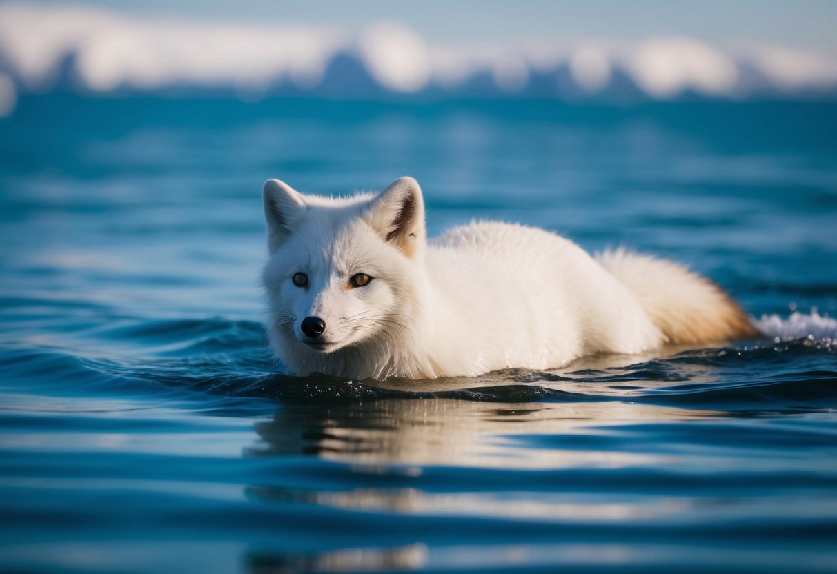 An arctic fox gracefully paddles through the icy waters, its thick fur repelling the cold as it effortlessly swims in search of food
