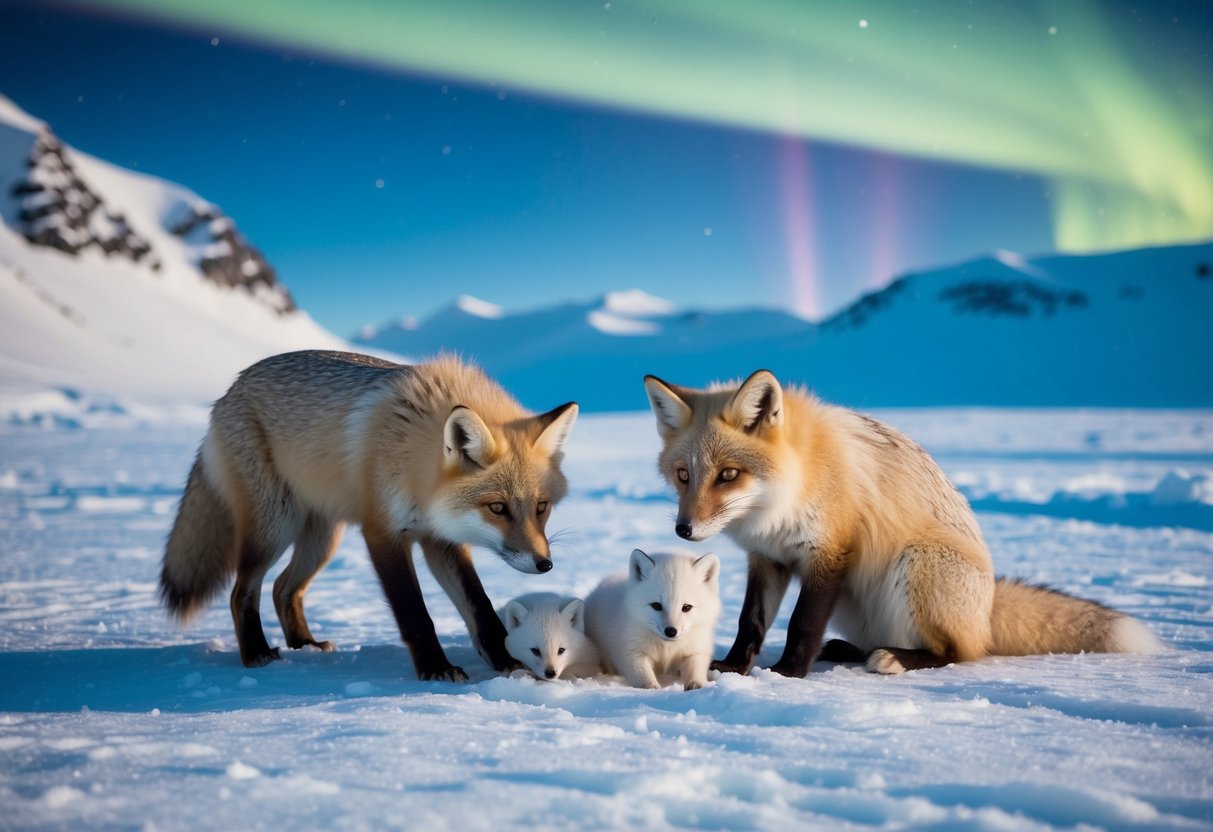 Arctic foxes hunt, play, and care for their young in a snowy landscape, surrounded by icy mountains and the northern lights