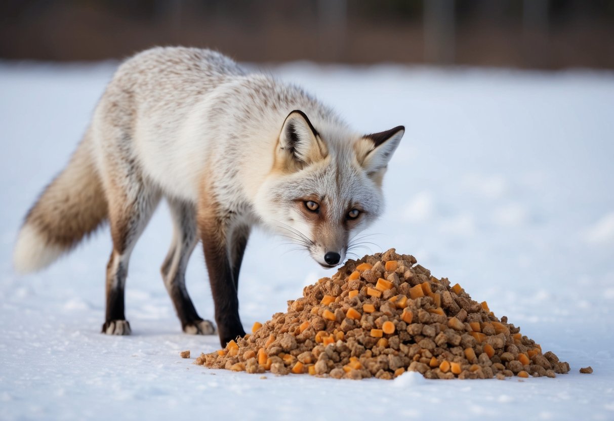 An arctic fox sniffs and turns away from a pile of food, looking for something else to eat