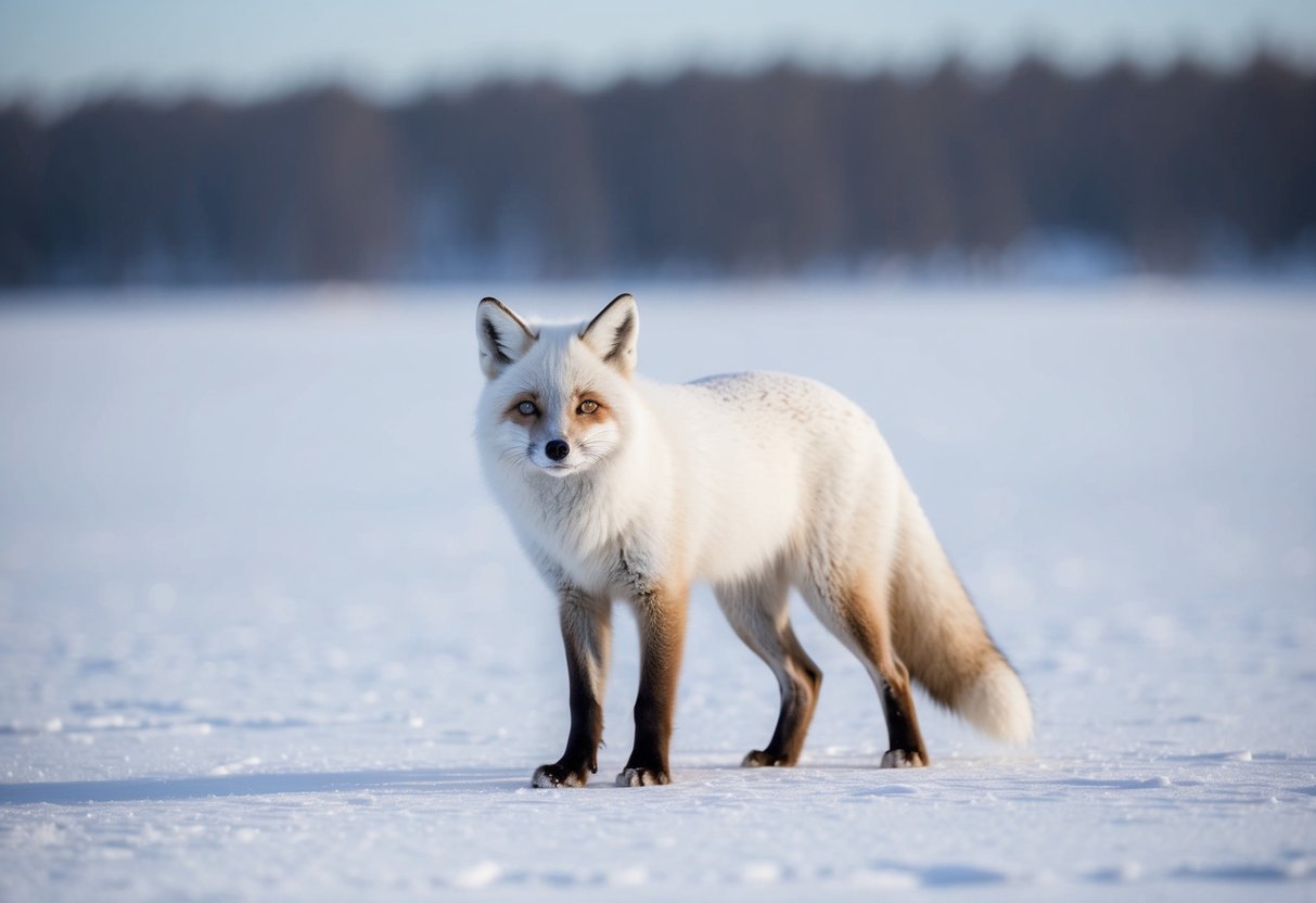 An arctic fox stands alone on a snowy tundra, its white fur blending seamlessly with the icy landscape