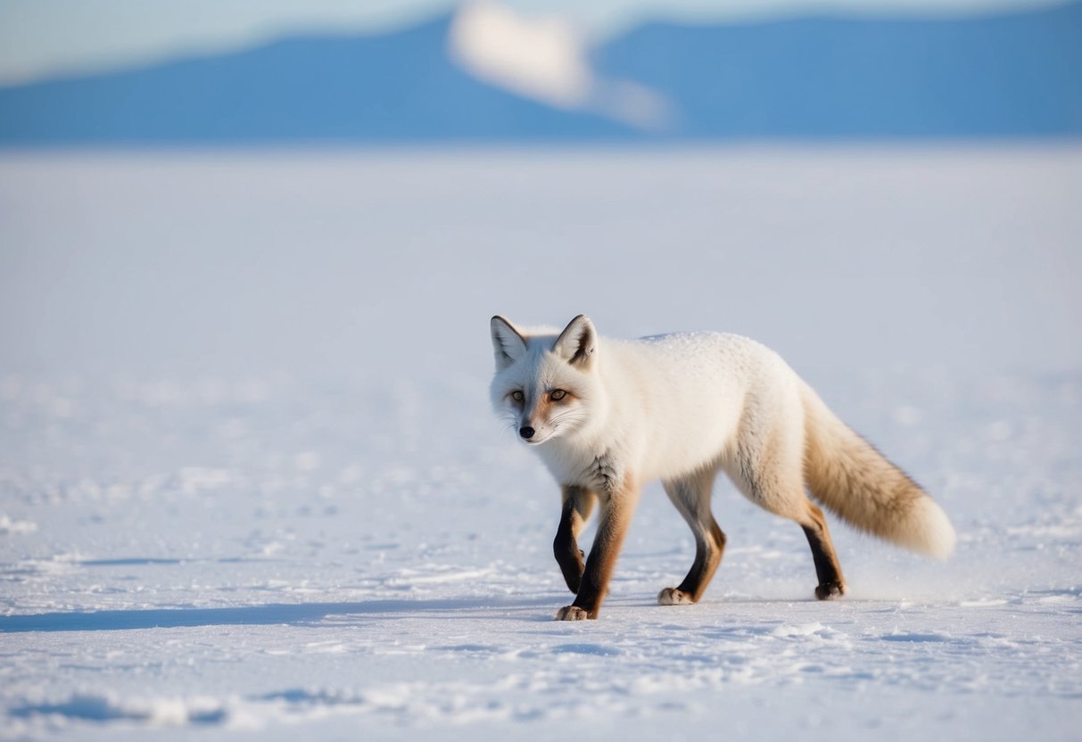 An arctic fox prowls across a vast, snowy tundra, its white fur blending seamlessly with the icy landscape
