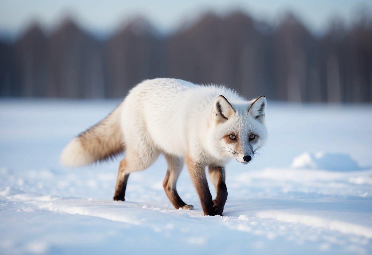 An arctic fox prowls through a snowy landscape, its white fur blending seamlessly with the icy surroundings