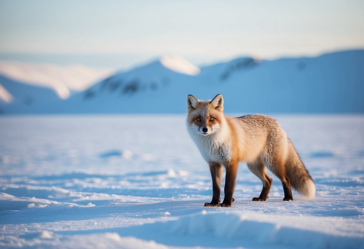 An arctic fox stands on snow-covered tundra, surrounded by icy mountains and a vast, frozen landscape
