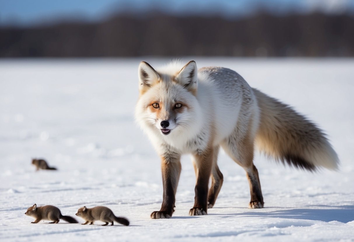 An arctic fox with its thick white fur and bushy tail, hunting for lemmings in the snowy tundra