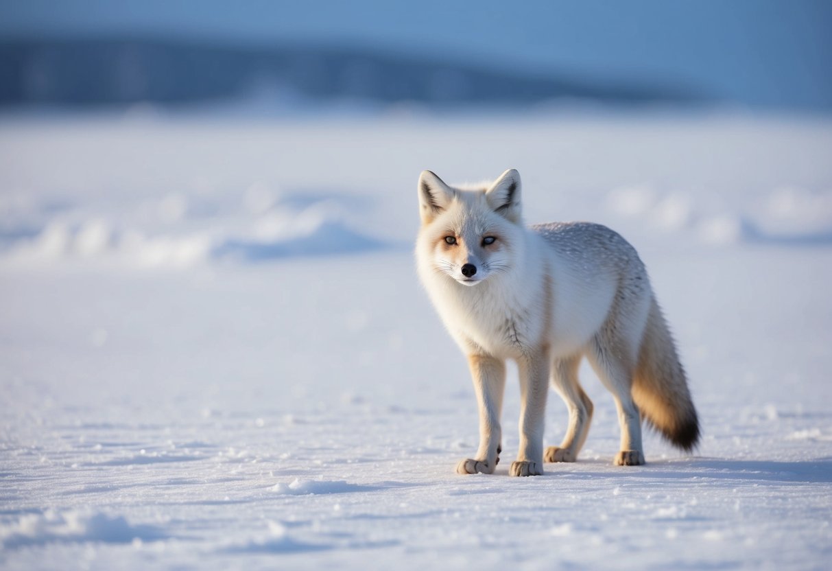 An arctic fox stands alone on a snowy tundra, its white fur blending into the icy landscape