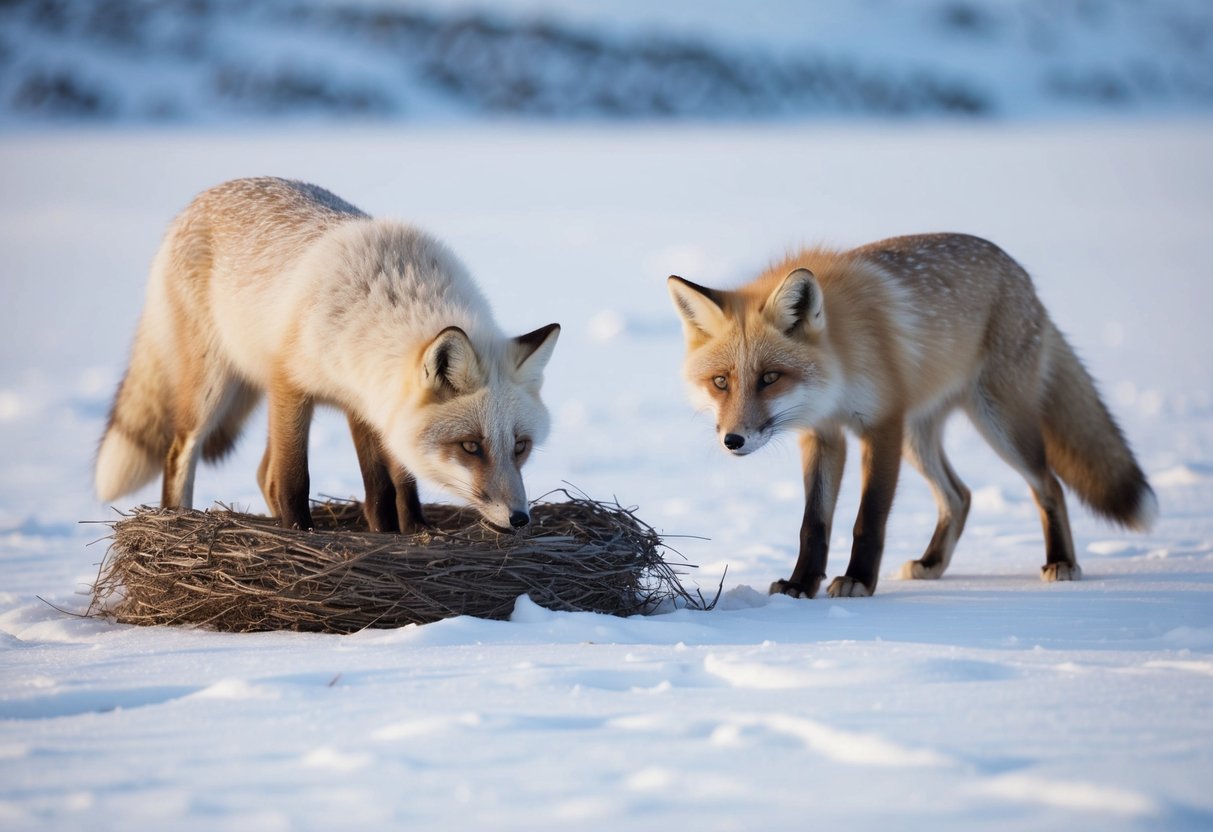 An arctic fox carefully selects a nesting site in the snowy tundra, while another fox hunts for food to sustain its young
