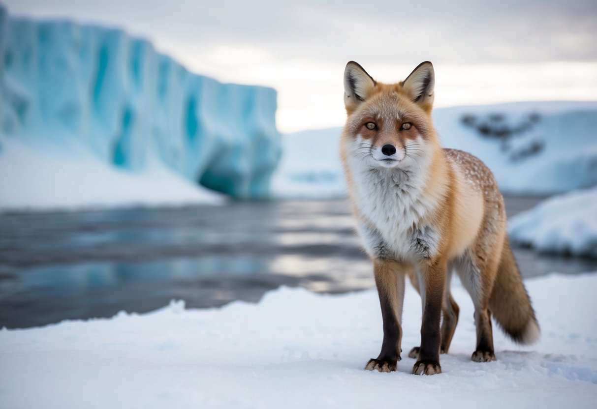 An arctic fox standing on a snowy tundra, surrounded by icy cliffs and a frozen river, with a wise and weathered expression on its face