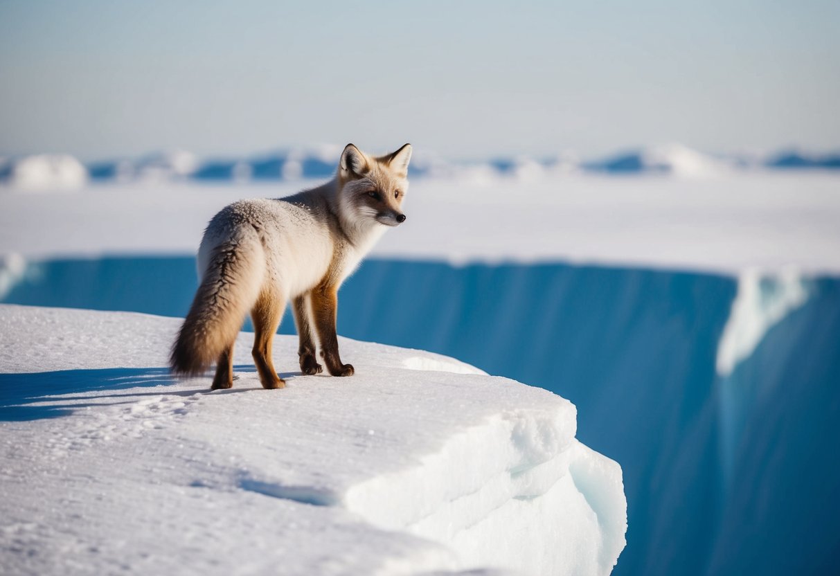 A lone arctic fox, aged and wise, stands atop a snowy cliff, overlooking a vast, icy landscape