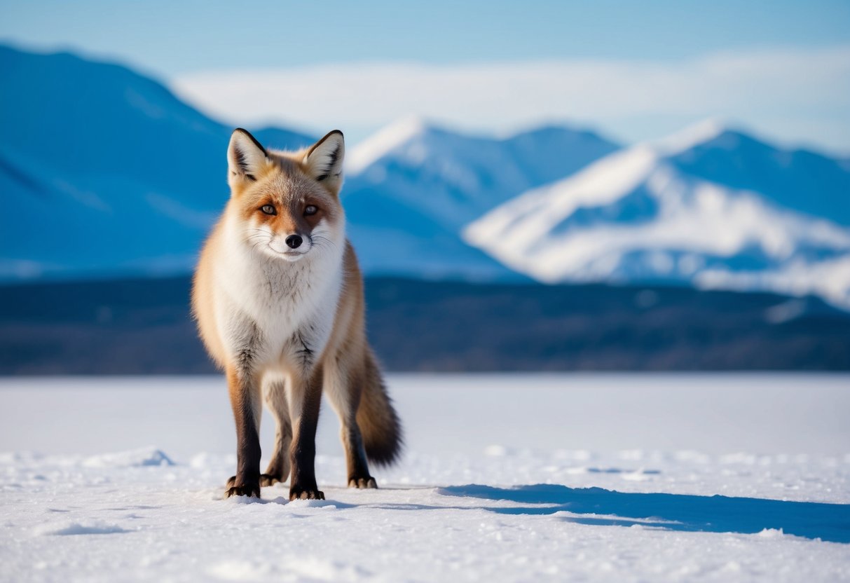An arctic fox standing on a snowy landscape, with a backdrop of icy mountains and a clear, blue sky overhead