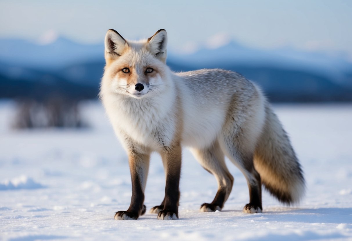An arctic fox stands on snowy tundra, its white fur blending with the landscape. It gazes curiously at the viewer, its pointed ears and bushy tail on display