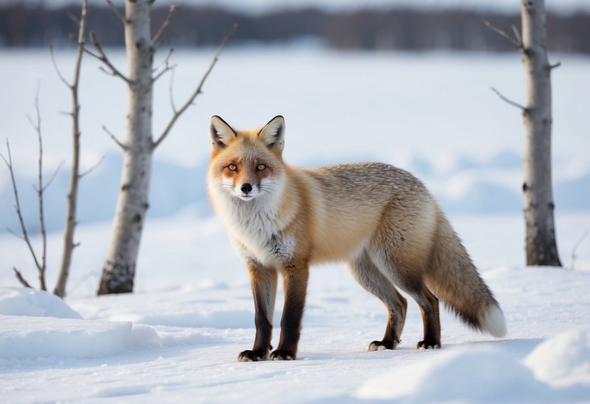 An arctic fox stands in a snowy landscape, surrounded by icy terrain and barren trees. Its fur blends in with the white surroundings, showcasing its adaptation to the harsh arctic environment