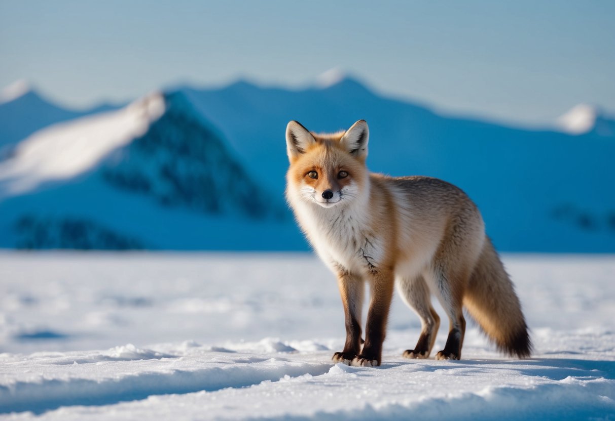 An arctic fox standing on a snowy landscape, surrounded by icy mountains and a clear blue sky