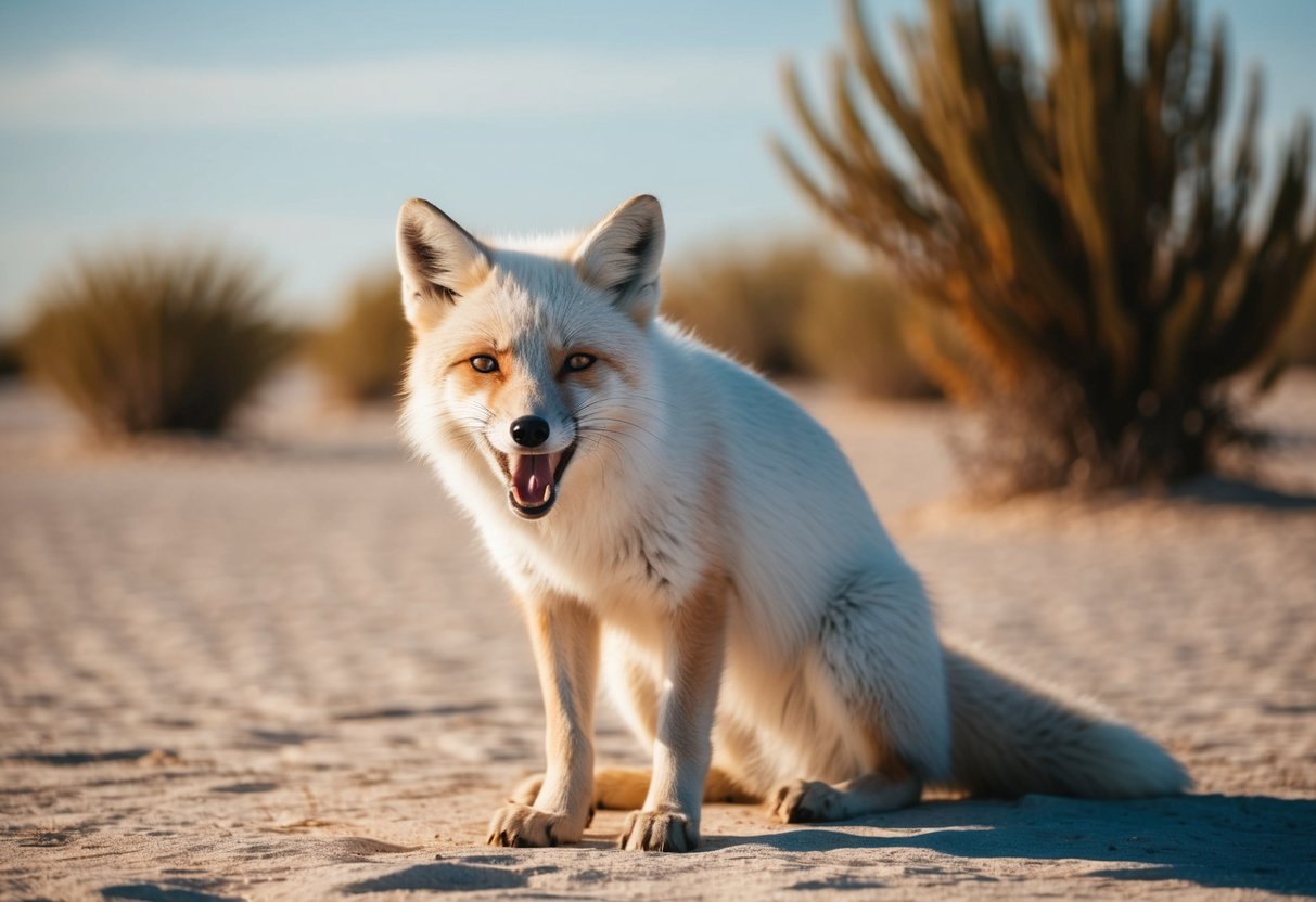 An Arctic fox enduring extreme heat in the desert, panting and seeking shade