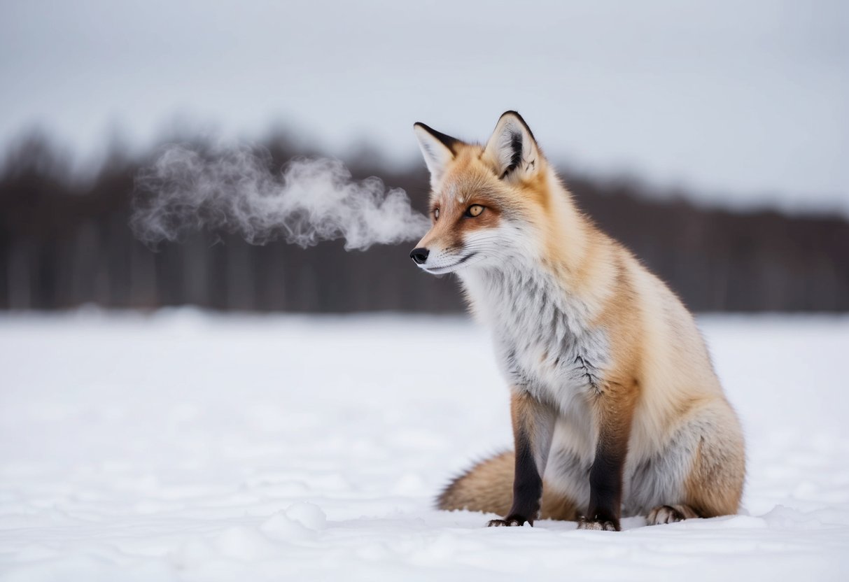 An Arctic fox with thick fur and small ears sits in a snowy landscape, its breath visible in the cold air