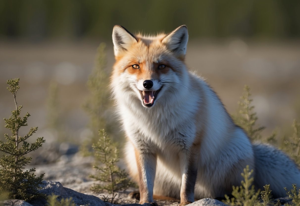 An arctic fox panting in the scorching sun, seeking shade among sparse tundra vegetation